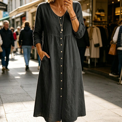 Women's Casual V-Neck Button-Down Linen Midi Dress
