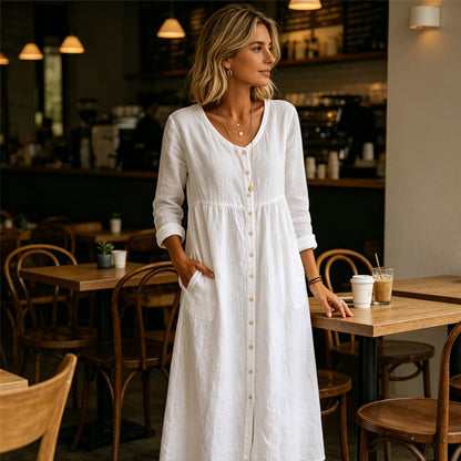 Women's Casual V-Neck Button-Down Linen Midi Dress