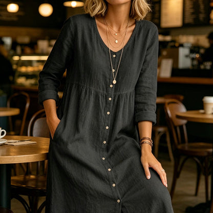 Women's Casual V-Neck Button-Down Linen Midi Dress