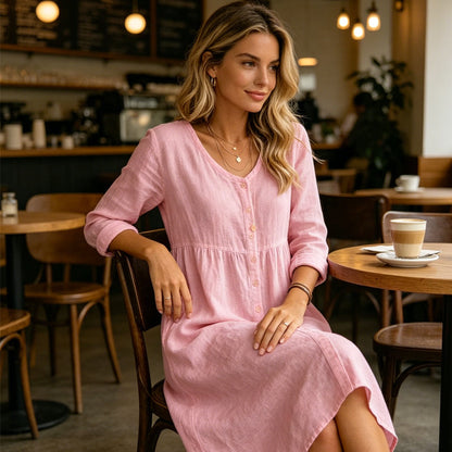 Women's Casual V-Neck Button-Down Linen Midi Dress