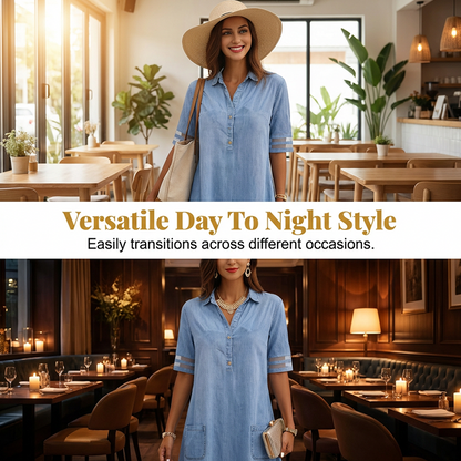 Relaxed Fit A-Line Denim Dress with Mesh Sleeve Detail