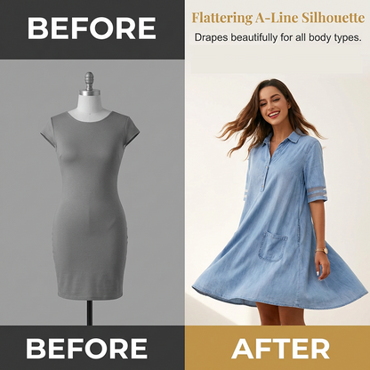 Relaxed Fit A-Line Denim Dress with Mesh Sleeve Detail