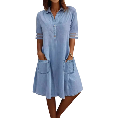 Relaxed Fit A-Line Denim Dress with Mesh Sleeve Detail