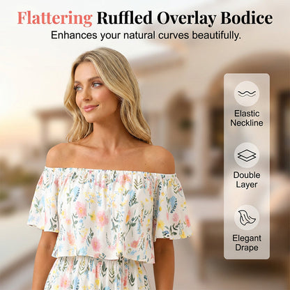 Printed Off-Shoulder Short Sleeve Maxi Dress