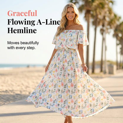 Printed Off-Shoulder Short Sleeve Maxi Dress