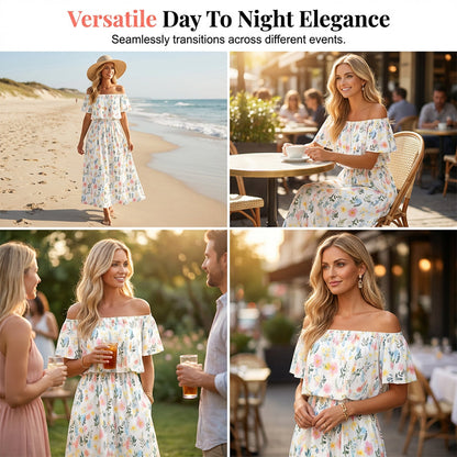 Printed Off-Shoulder Short Sleeve Maxi Dress