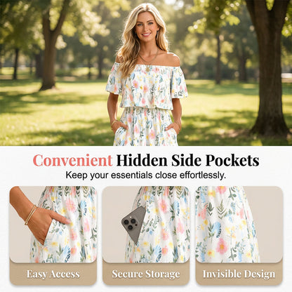 Printed Off-Shoulder Short Sleeve Maxi Dress