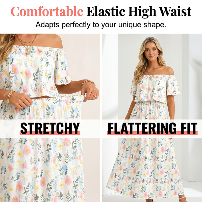 Printed Off-Shoulder Short Sleeve Maxi Dress