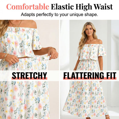 Printed Off-Shoulder Short Sleeve Maxi Dress