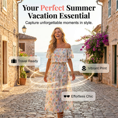Printed Off-Shoulder Short Sleeve Maxi Dress