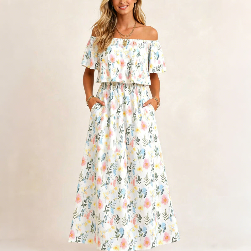 Printed Off-Shoulder Short Sleeve Maxi Dress