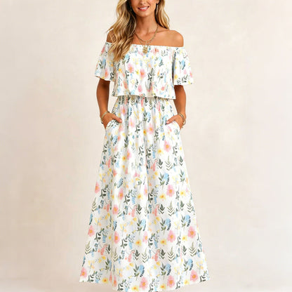 Printed Off-Shoulder Short Sleeve Maxi Dress