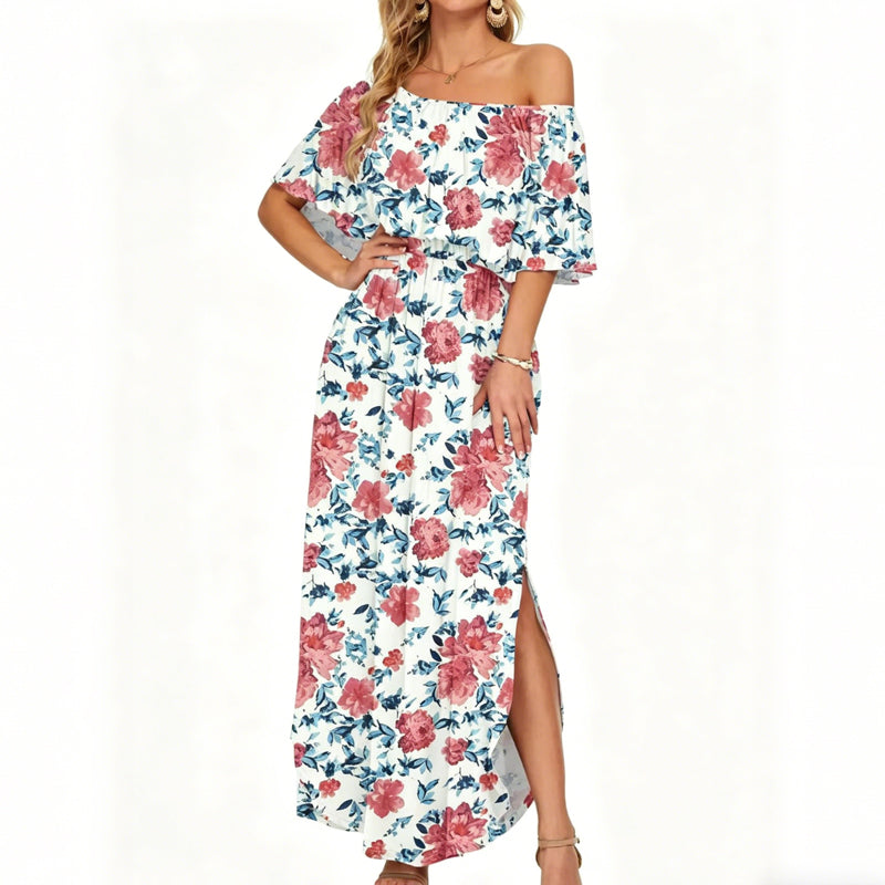 Printed Off-Shoulder Short Sleeve Maxi Dress