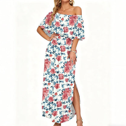 Printed Off-Shoulder Short Sleeve Maxi Dress