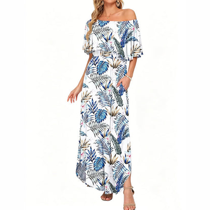 Printed Off-Shoulder Short Sleeve Maxi Dress