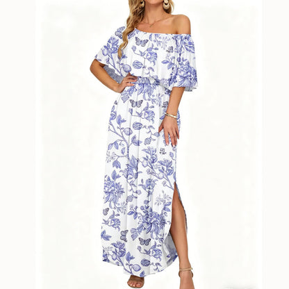 Printed Off-Shoulder Short Sleeve Maxi Dress