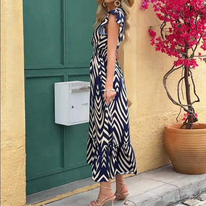 🌺 Women's Elegant Printed V-Neck Dress – Bold Print, Waist Cinching & Breathable Fabric ✨