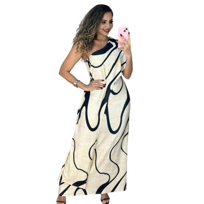 Women's Abstract Print One-Shoulder Maxi Dress