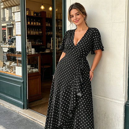 Women's Polka Dot V-Neck Maxi Dress