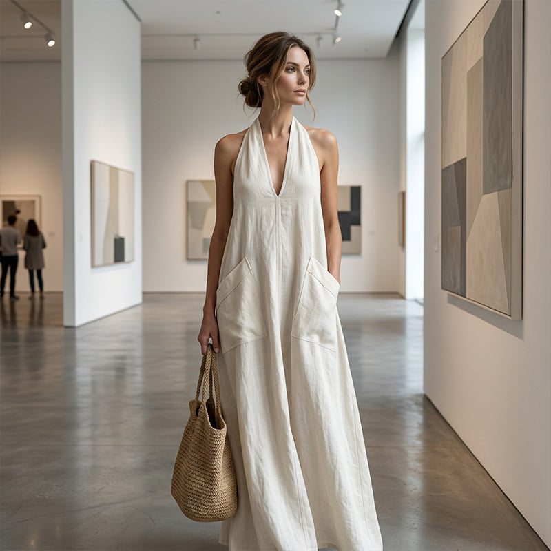 Women's Casual Halter V-Neck Midi Dress