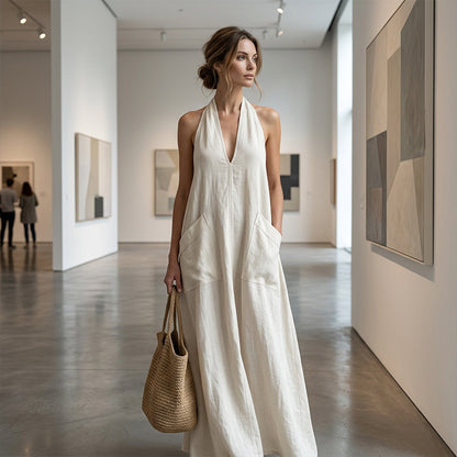 Women's Casual Halter V-Neck Midi Dress
