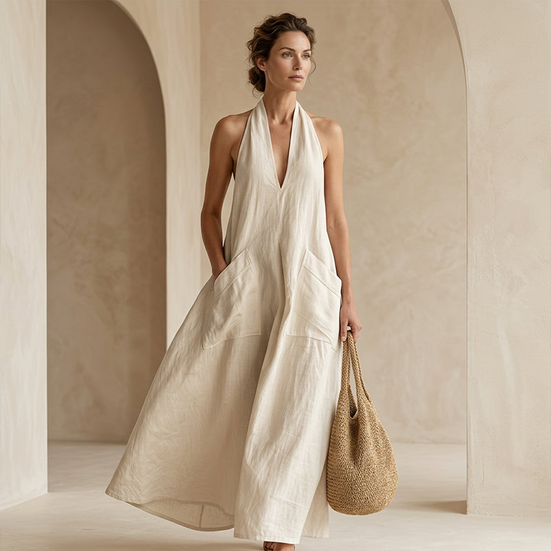 Women's Casual Halter V-Neck Midi Dress