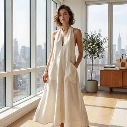 Women's Casual Halter V-Neck Midi Dress