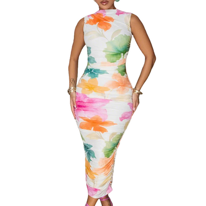 Sleeveless Floral Print Ruched Bodycon Midi Dress