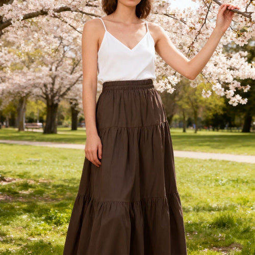 Women's Casual Tiered A-Line Maxi Skirt with Drawstring Waist