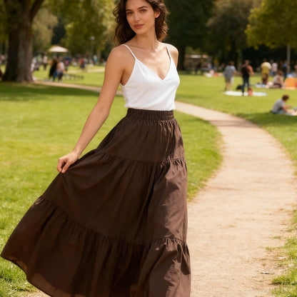 Women's Casual Tiered A-Line Maxi Skirt with Drawstring Waist