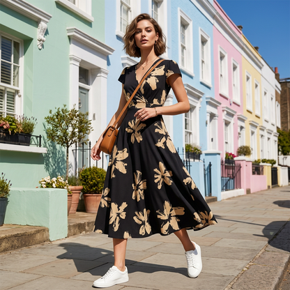 Women's Casual Printed V-Neck Ruffle Dress – Playful, Feminine & Ready-to-Wear ✨