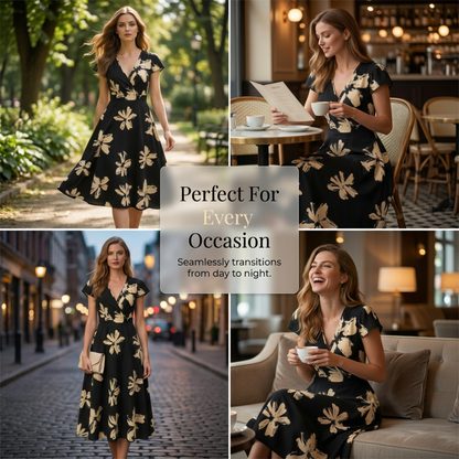 Women's Casual Printed V-Neck Ruffle Dress – Playful, Feminine & Ready-to-Wear ✨