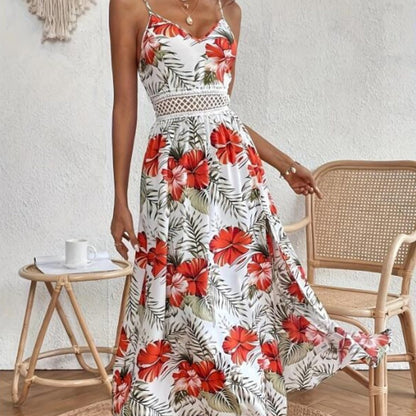 Women’s Floral Print High Slit Spaghetti Strap Flowy Dress