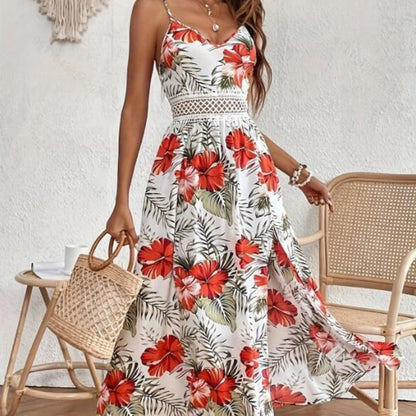 Women’s Floral Print High Slit Spaghetti Strap Flowy Dress