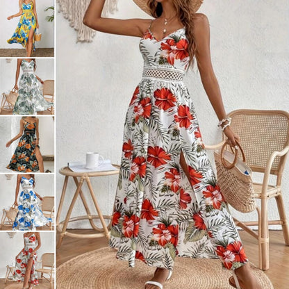 Women’s Floral Print High Slit Spaghetti Strap Flowy Dress