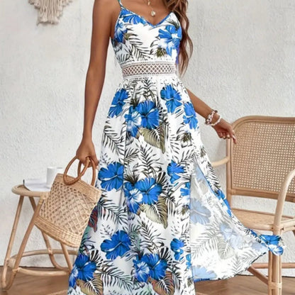 Women’s Floral Print High Slit Spaghetti Strap Flowy Dress