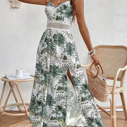 Women’s Floral Print High Slit Spaghetti Strap Flowy Dress