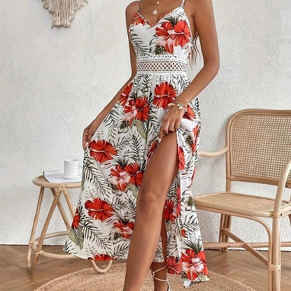 Women’s Floral Print High Slit Spaghetti Strap Flowy Dress