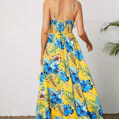 Women’s Floral Print High Slit Spaghetti Strap Flowy Dress
