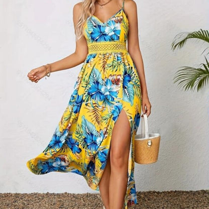 Women’s Floral Print High Slit Spaghetti Strap Flowy Dress