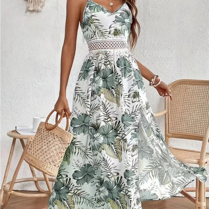 Women’s Floral Print High Slit Spaghetti Strap Flowy Dress
