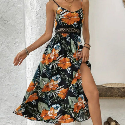 Women’s Floral Print High Slit Spaghetti Strap Flowy Dress
