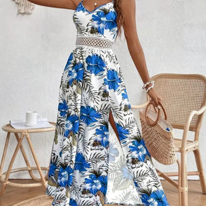 Women’s Floral Print High Slit Spaghetti Strap Flowy Dress