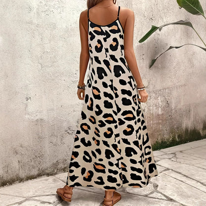 Women's Leopard Print Dress – Spaghetti Strap, V-Neck, Flowy A-Line