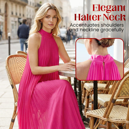 Women's Halter Neck Pleated Flowy Maxi Dress