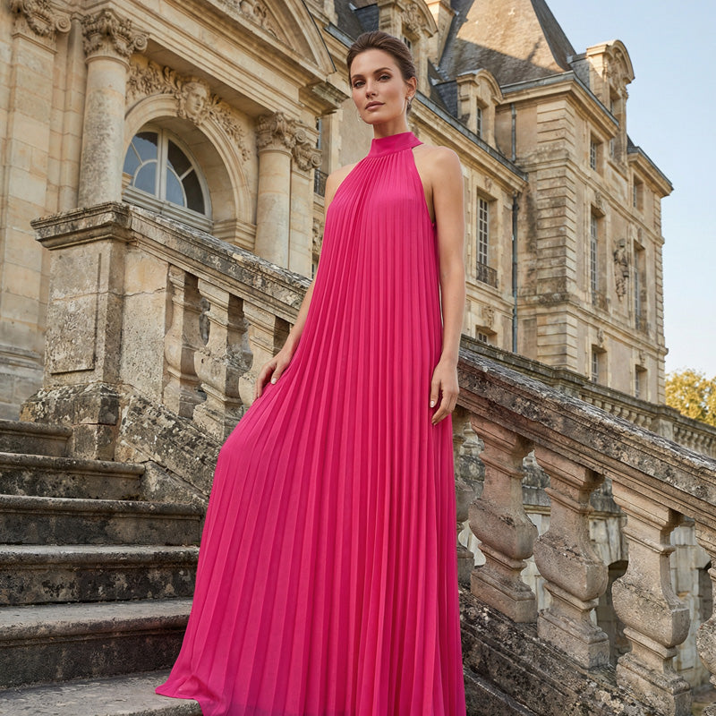 Women's Halter Neck Pleated Flowy Maxi Dress