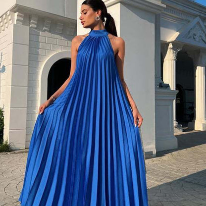Women's Halter Neck Pleated Flowy Maxi Dress