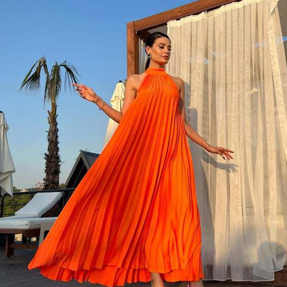 Women's Halter Neck Pleated Flowy Maxi Dress