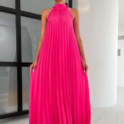 Women's Halter Neck Pleated Flowy Maxi Dress