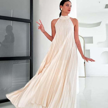Women's Halter Neck Pleated Flowy Maxi Dress